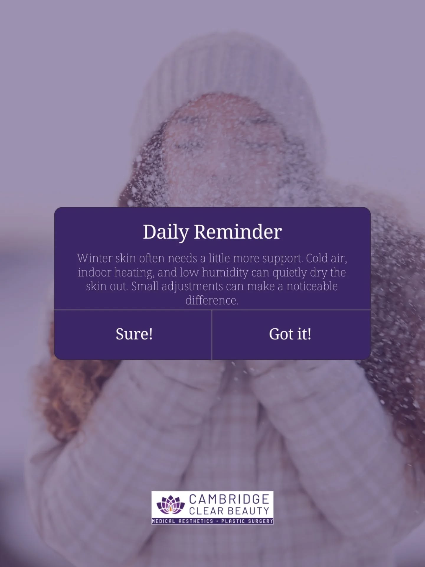 Winter skin changes are common. Cold temperatures, wind, and central heating can affect hydration, barrier function, and overall comfort, even if your routine has not changed.

Small adjustments can help, like simplifying skincare, focusing on hydration, and supporting the skin barrier rather than pushing it too hard.

For some patients, non-surgical skin treatments can also play a role during the colder months. Treatments such as medical-grade skincare, skin health consultations, and other non-invasive options are often used to support the skin when it feels more reactive or depleted.

If your skin feels different this winter, it is usually responding to its environment. Understanding what it needs is often the first step.

📍 Cambridge Clear Beauty, Building G, South Cambs Business Park, Babraham Road, Sawston, CB22 3JH
📱 01223 214 960
💻 cambridgeclearbeauty.co.uk

#winterincare #skinhealth #nonsurgicaltreatments #medicalskincare #cambridgeclearbeauty